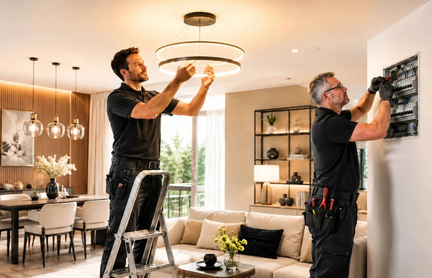 Elektriker installieren moderne LED Hängeleuchte in luxuriösem Wohnzimmer mit warmem Licht, schwarze und beige Einrichtung, Sicherheit und Schutz bei Lampenmontage