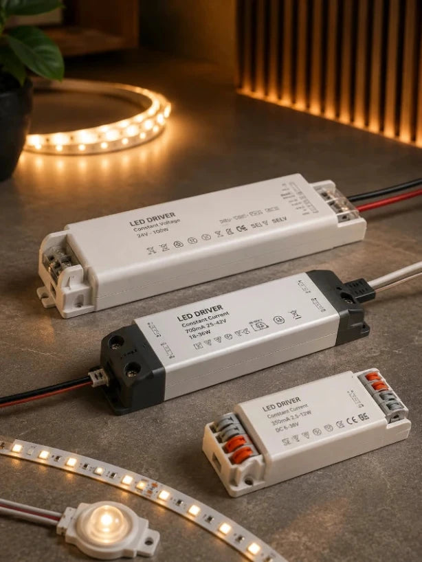 LED-Treiber und LED-Driver-Module mit Anschlussklemmen, sauber geführten Kabeln und warm leuchtendem LED-Strip in hochwertiger Technik-Szene.