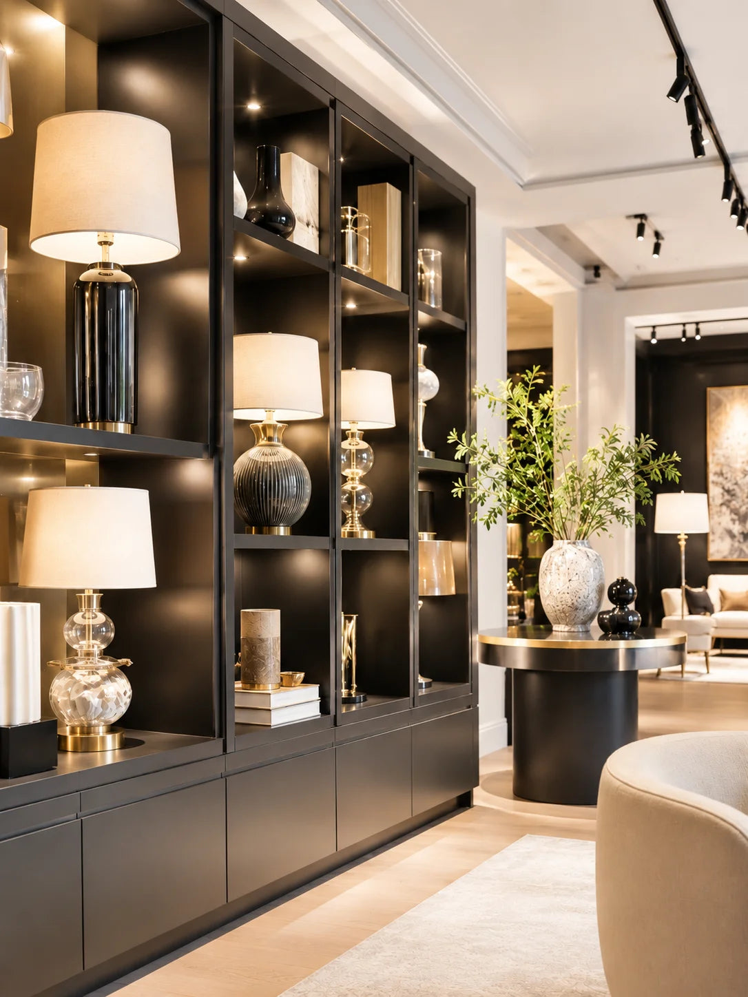 Luxuriöser Lampen Showroom mit modernen Tischlampen, eleganten Wohnaccessoires und warmem Licht in Schwarz, Beige und Gold für stilvolle Beleuchtung