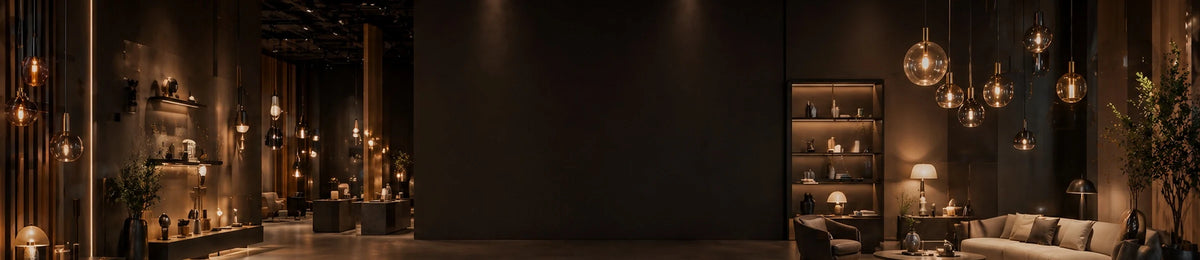 Moderner Lampen-Showroom mit warm beleuchteten Pendelleuchten, Designerlampen und stilvoll eingerichteten Wohnbereichen.