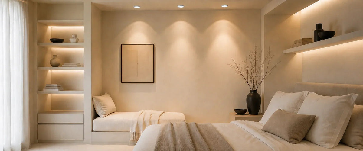 Elegantes Schlafzimmer mit GU5,3 Einbauleuchten, warmweißem Licht, beiger Einrichtung und moderner LED Deckenbeleuchtung