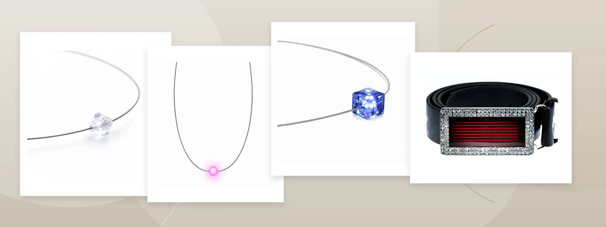 LED-Schmuck mit leuchtender Halskette und Armbändern in Rot, Blau und Warmweiß