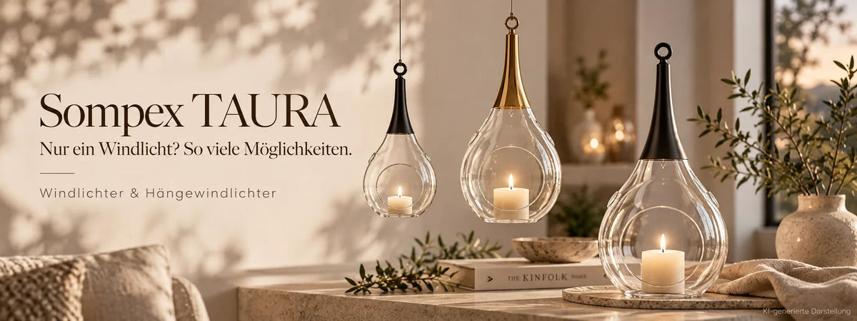 Sompex TAURA Windlichter in drei Größen, teils hängend und teils aufgestellt, mit Kerzen in einem warmen modernen Wohninterieur – Kollektion bei SAASIL.DE.