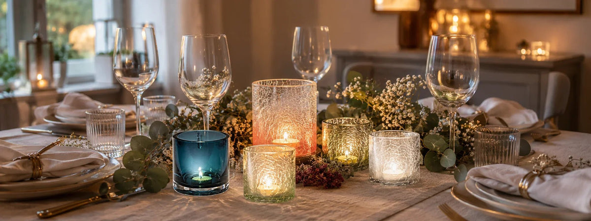 Glas-Teelichthalter als stilvolle Tischdekoration auf einem festlich gedeckten Esstisch mit brennenden Teelichtern und dekorativen Blumenarrangements.