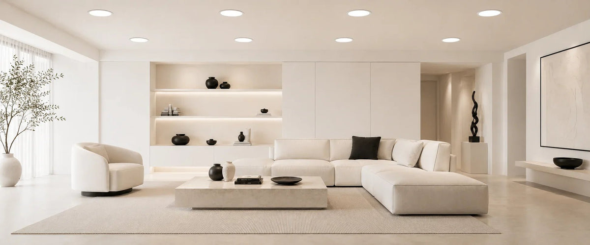 Modernes Wohnzimmer mit ultra flachen runden Einbauleuchten, heller Deckenbeleuchtung und luxuriöser beige schwarzer Einrichtung