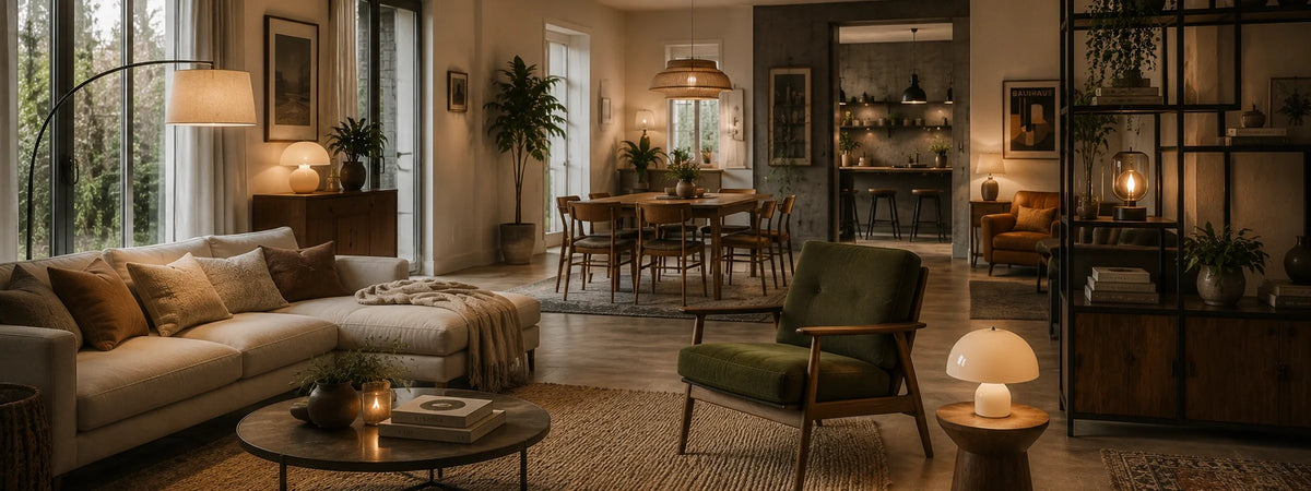 Hochwertige Wohnszene mit modernem, skandinavischem, Boho-, Retro- und Industrial-Stil sowie warm integrierter Beleuchtung in ruhiger Premium-Atmosphäre.