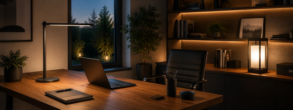 Modernes Arbeitszimmer mit Schreibtisch, Laptop, Regalen und warm integrierter Beleuchtung für eine ruhige, konzentrierte Homeoffice-Atmosphäre.