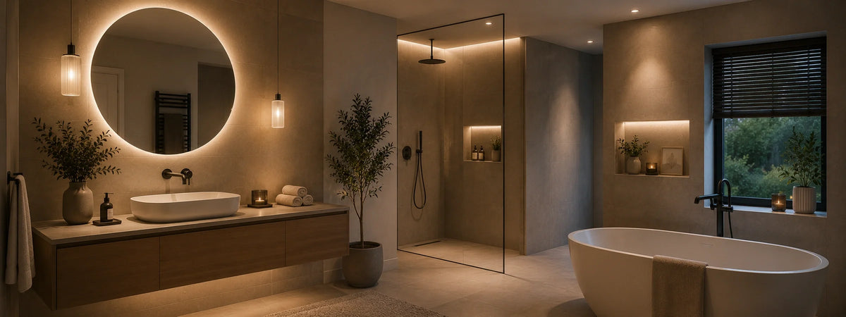 Badezimmer mit Spiegel, Waschtisch, Dusche, Badewanne und klar integrierter Beleuchtung für ein ruhiges Wellness-Gefühl.