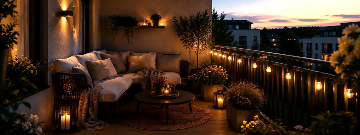 Stilvoller Balkon mit Sitzbereich, Pflanzen und warmer Außenbeleuchtung für eine gemütliche Abendatmosphäre.