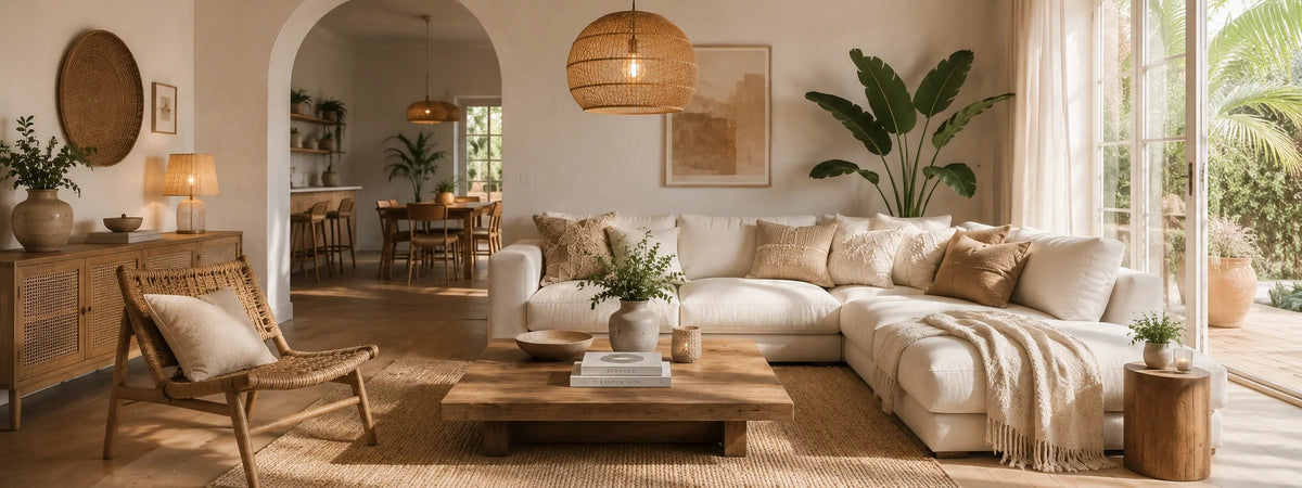 Helle Boho-Wohnszene mit Rattan, Leinen, Naturmaterialien und warm integrierter Beleuchtung für eine entspannte Atmosphäre.