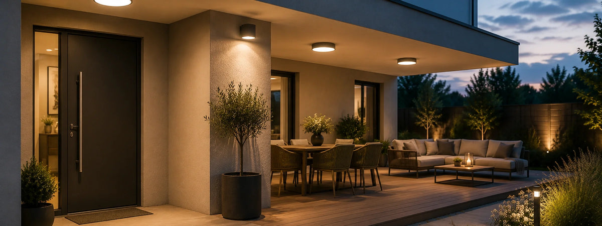Moderne Deckenleuchten für den Außenbereich an überdachter Terrasse mit warmem Licht