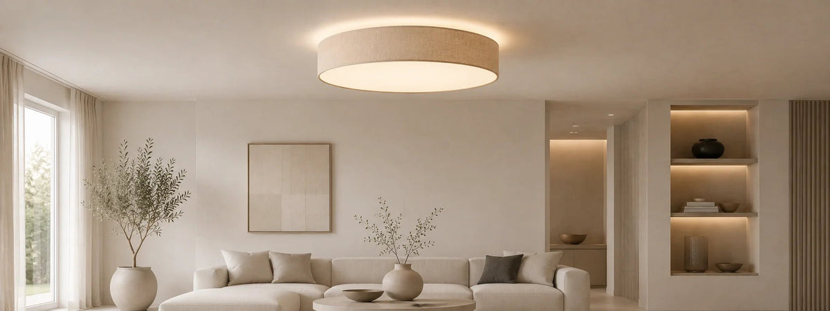 Moderne Deckenleuchte für den Innenbereich im hellen Wohnzimmer mit warmem Licht