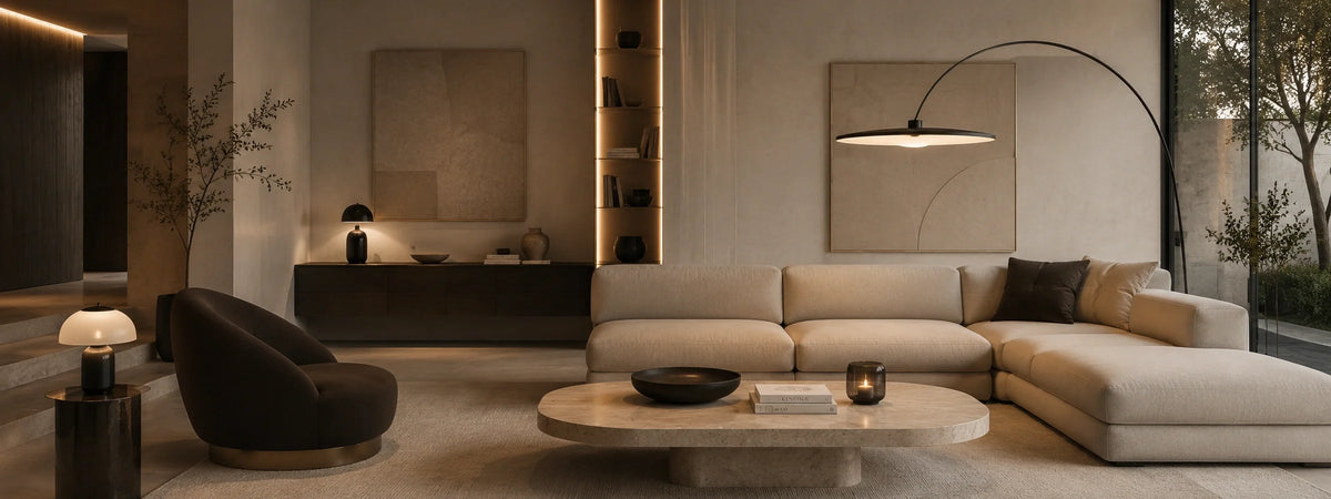Elegante Design-Interior-Szene mit reduzierter Einrichtung, hochwertigen Materialien und stilvoll integrierten Leuchten.
