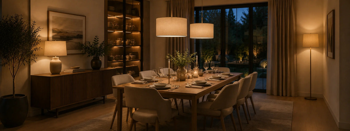 Elegantes Esszimmer mit gedecktem Esstisch, Stühlen und warmer Beleuchtung für eine stilvolle gemeinsame Atmosphäre.