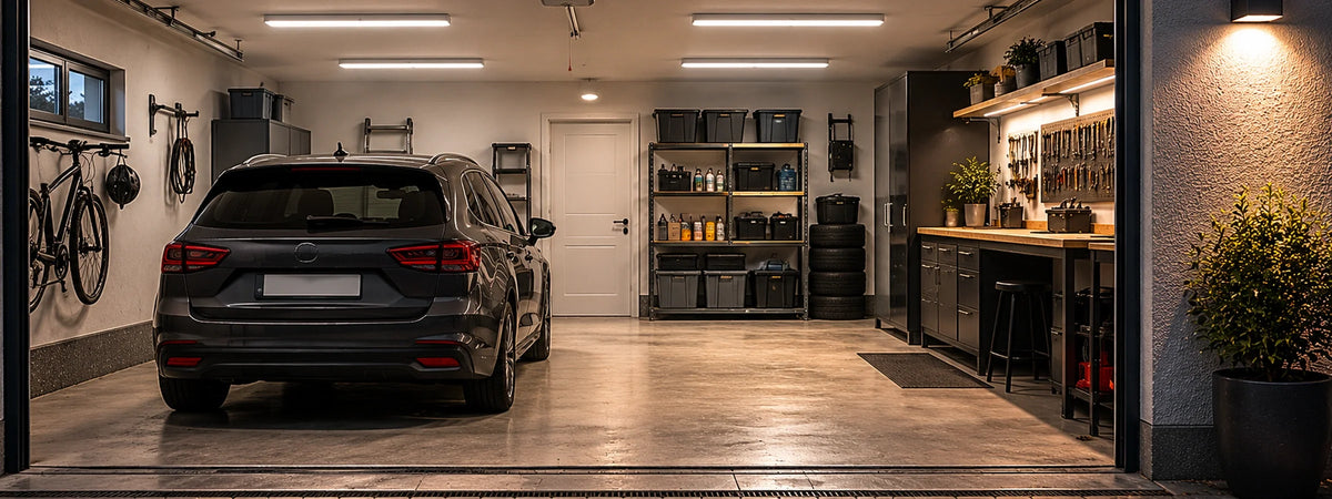 Garage mit Auto, Regalen, Werkbank und funktionaler Deckenbeleuchtung für eine helle, sichere und praktische Raumwirkung.