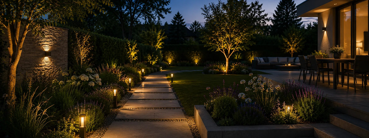 Garten mit Weg, Pflanzen, Rasen und subtil integrierter Außenbeleuchtung für Orientierung und warme Dämmerungsstimmung.
