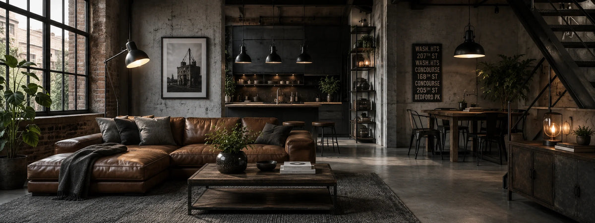 Industrial-Wohnszene mit Metall, Beton, Glas dunklen Akzenten sowie technisch inspirierten Leuchten im modernen Loft-Stil.