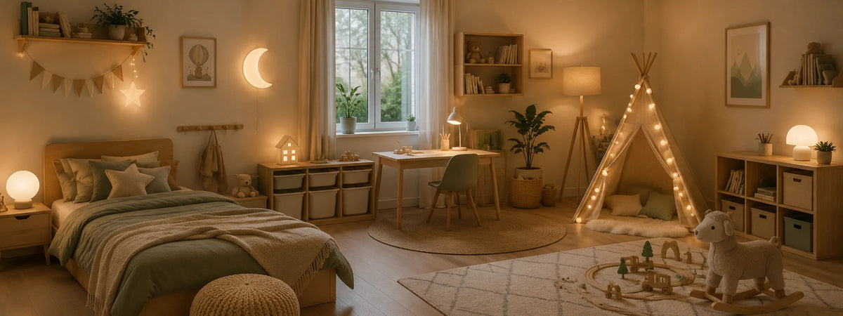 Kinderzimmer mit kindgerechter Einrichtung, warmem Licht und ruhiger Atmosphäre für ein sicheres und geborgenes Raumgefühl.