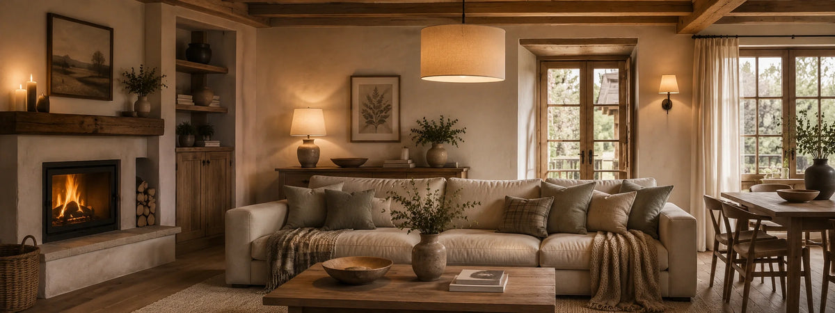Landhaus-Wohnszene mit Holz, natürlichen Materialien, harmonisch integrierten Leuchten für gemütliche rustikale Atmosphäre.