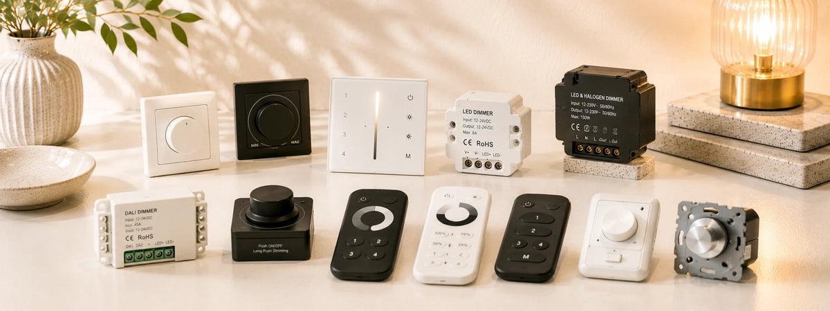 LED- und Halogen-Dimmer sowie Lichtsteuerungen für Leuchten in moderner Wohnraum-Atmosphäre. Geeignet für Smart-Home