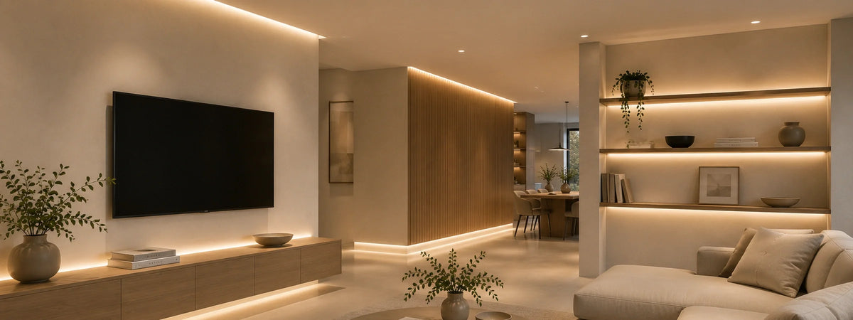LED-Stripes und LED-Streifen für indirekte Beleuchtung im modernen Wohnzimmer mit warmem Licht