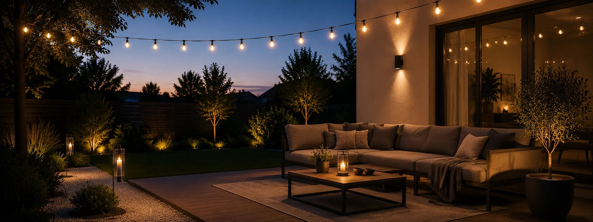 Lichterketten für den Außenbereich auf Terrasse und Garten mit warmem Licht