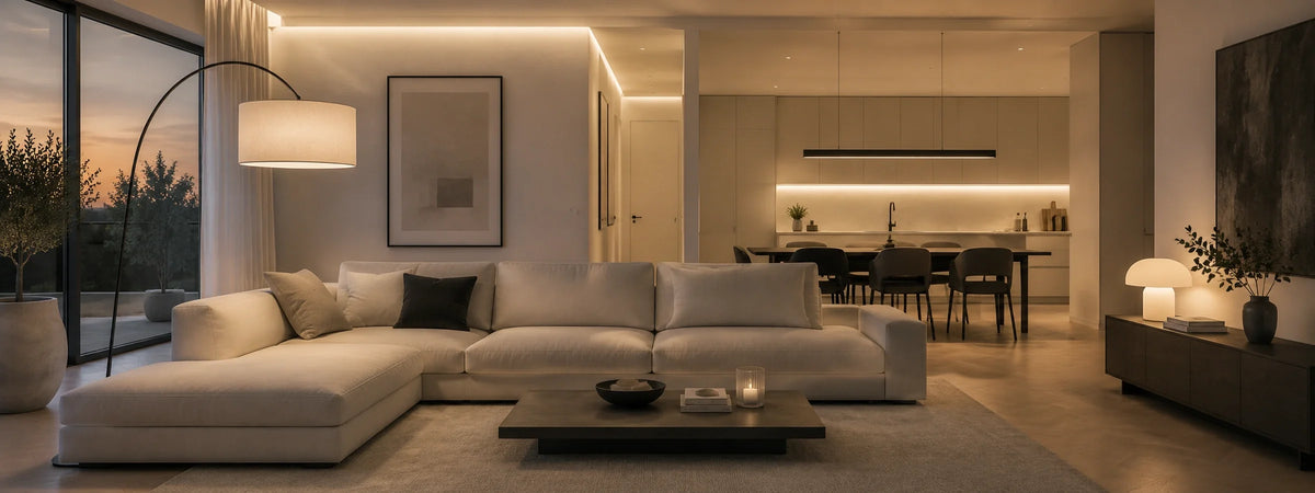 Moderne Wohnszene mit klaren Linien, neutralen Farben und stilvoll integrierter Beleuchtung für ein ruhiges Premium-Interior.