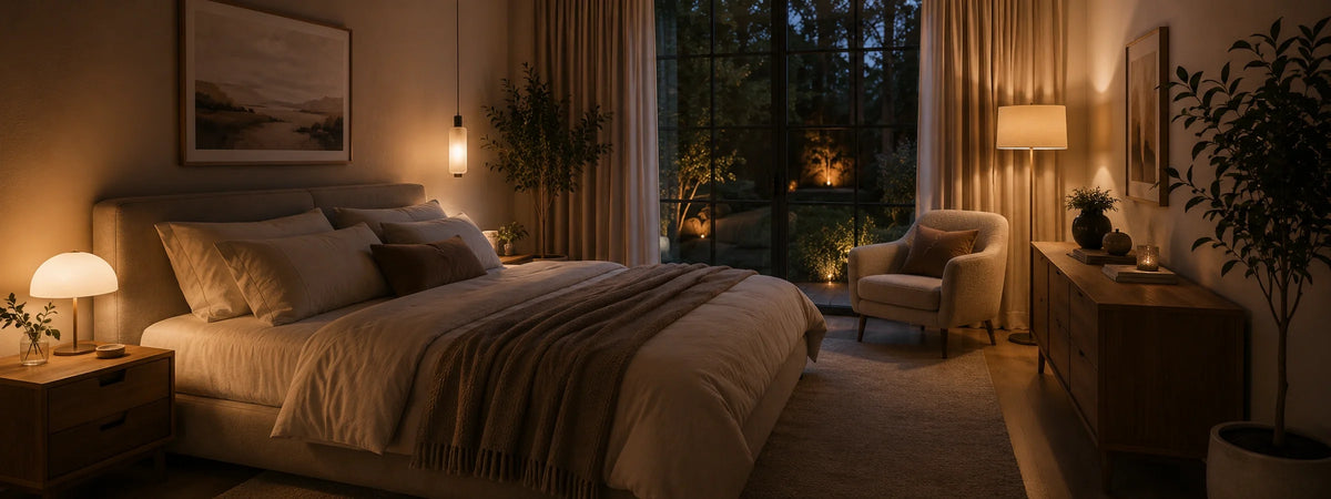 Ruhiges Schlafzimmer mit Bett, Nachttisch, Textilien und sanfter Beleuchtung für eine entspannte, geborgene Abendatmosphäre.