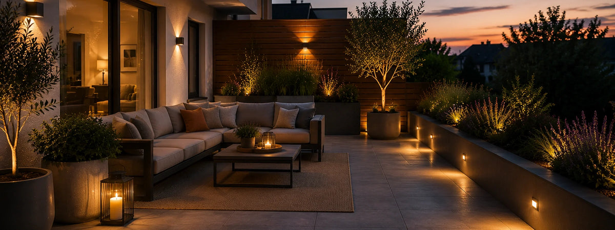 Terrasse mit Sitzbereich, Pflanzen, hochwertigem Bodenbelag und warmer Outdoor-Beleuchtung für entspannte Abendatmosphäre.