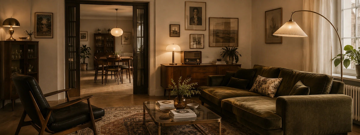 Hochwertige Vintage-Wohnszene mit warmem Licht, Retro-Elementen, Holz und Messing sowie harmonisch integrierter Beleuchtung.
