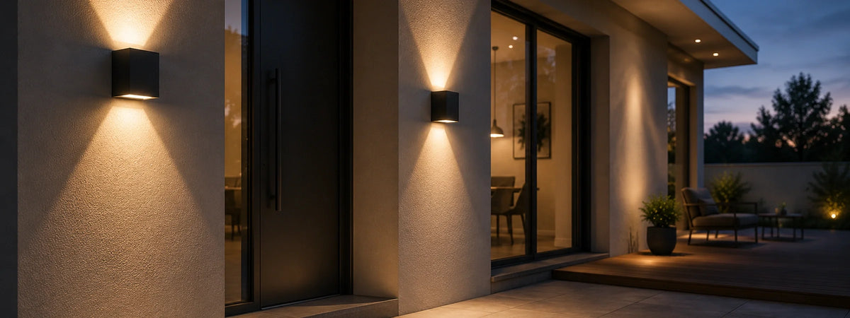 Wandleuchten und Wandlampen für den Außenbereich an moderner Hausfassade mit warmem Licht