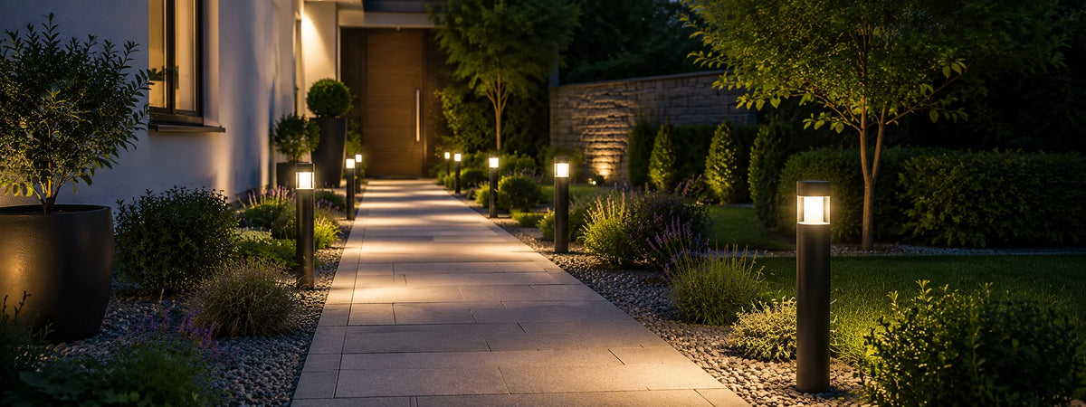 Moderner Gartenweg Wegeleuchten, natürlicher Bepflanzung und warmer Außenbeleuchtung für sichere Orientierung bei Dämmerung.
