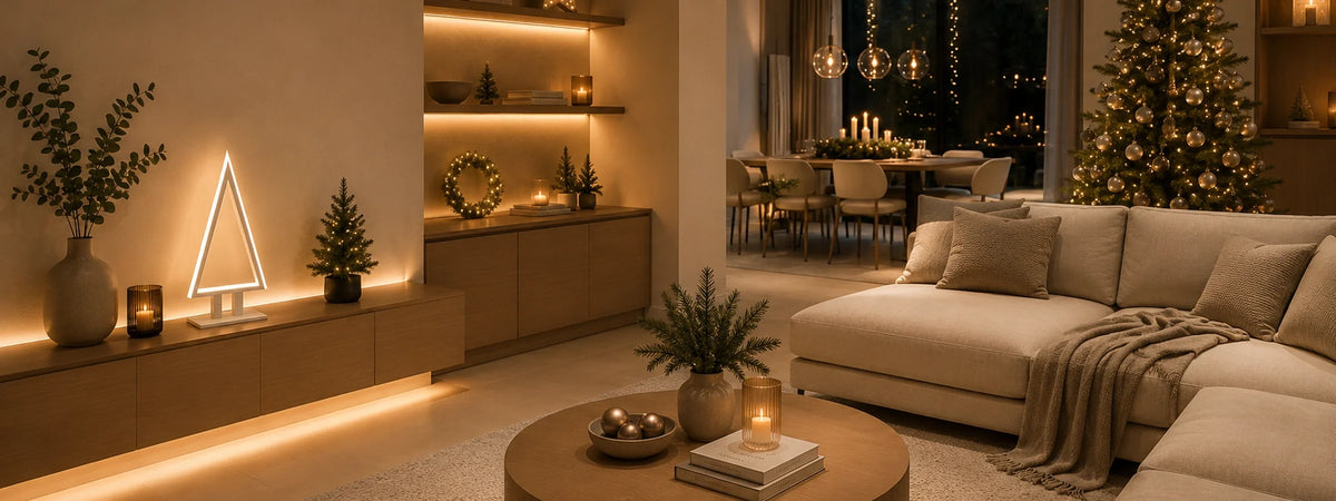 Weihnachtsbeleuchtung und Deko-Lichterketten im modernen Wohnzimmer mit warmem Licht