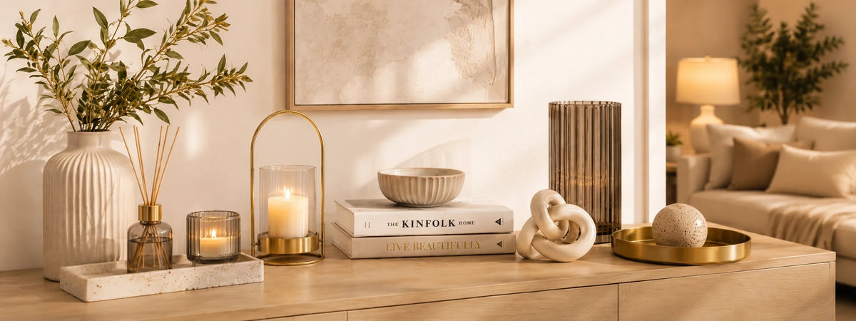Wohnaccessoires mit Vasen, Kerzenhaltern und Deko-Objekten auf Sideboard in moderner Wohnraum-Atmosphäre