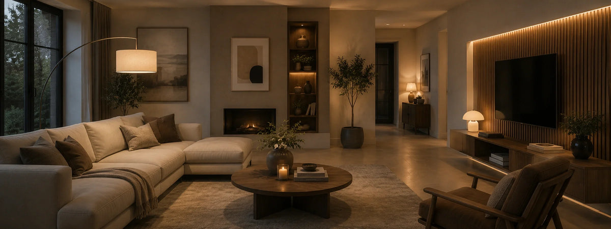 Modernes Wohnzimmer Sofa, Couchtisch, Wohnwand und warm integrierter Beleuchtung für eine gemütliche und ruhige Atmosphäre.