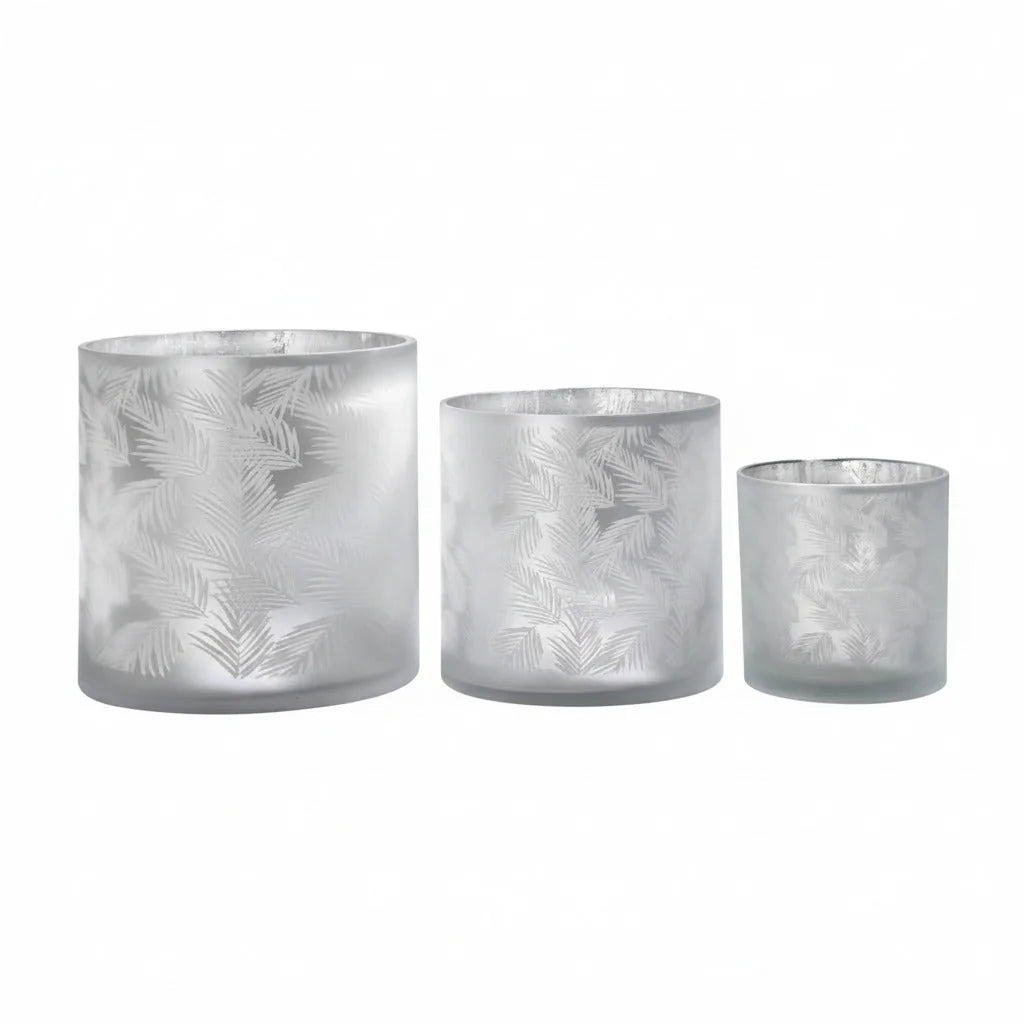 Windlicht Vase aus Glas weiß silber mit Farn 15cm