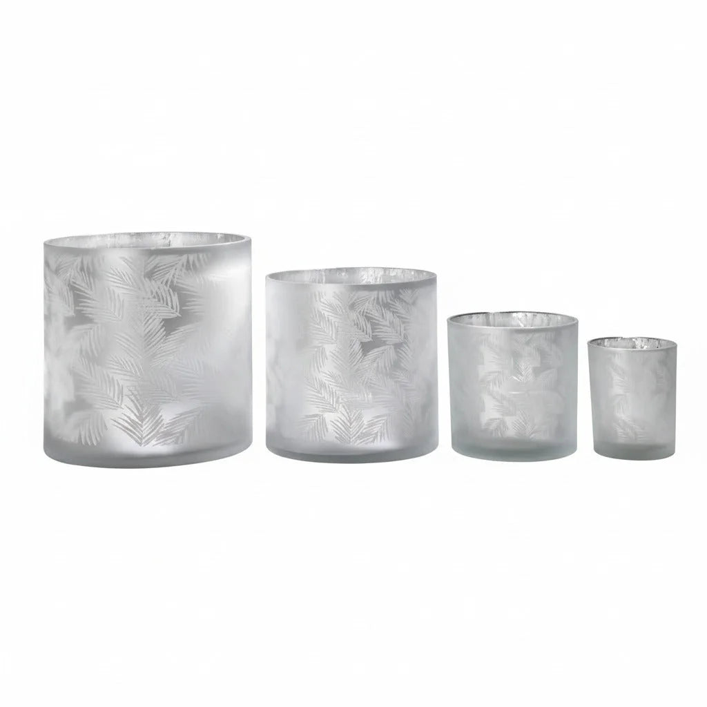 Windlicht Vase Übertopf aus Glas hellgrau weiß silber mit Farn 24,5cm