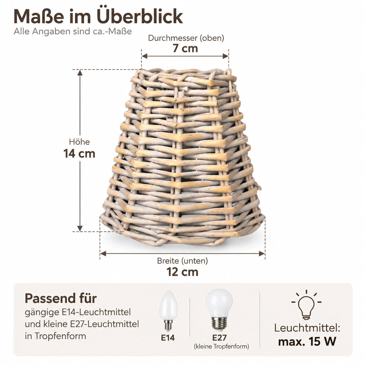 Maßgrafik des Klemm-Lampenschirms mit 14 cm Höhe, 7 cm oberem Durchmesser und 12 cm unterer Breite