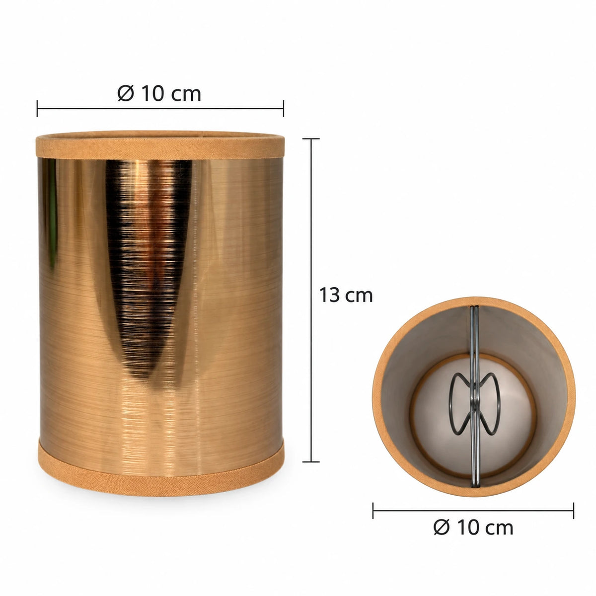 - Maßgrafik des zylindrischen Light & Living Klemm-Lampenschirms mit Ø 10 cm und 13 cm Höhe