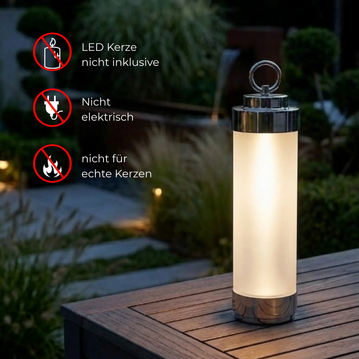 Chromfarbene Laterne aus gefrostetem Glas für LED-Kerzen, nicht elektrisch und nicht für echte Kerzen geeignet