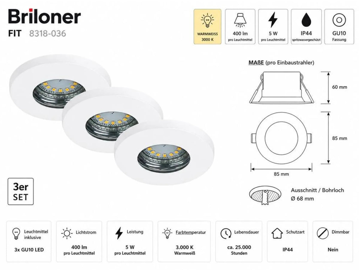 Briloner Fit LED-inbouwspots 3-delige set – IP44, GU10, wit, 3000 K