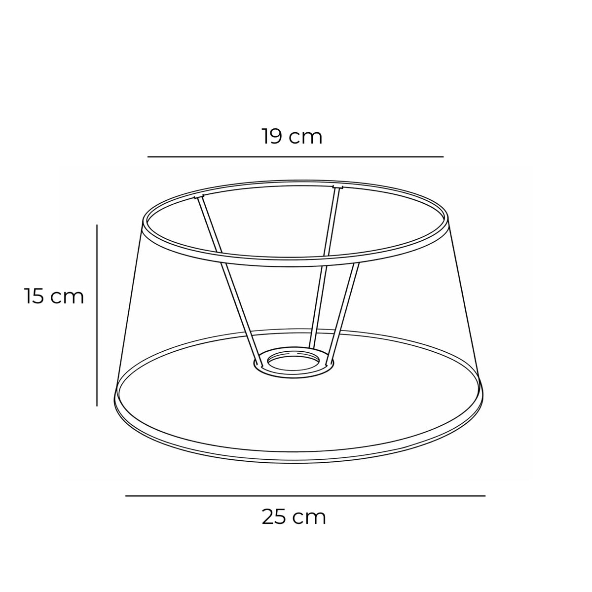     Maßgrafik Lampenschirm 5825-648 mit 19 cm oben, 25 cm unten und 15 cm Höhe sowie Darstellung der Ringaufnahme. 