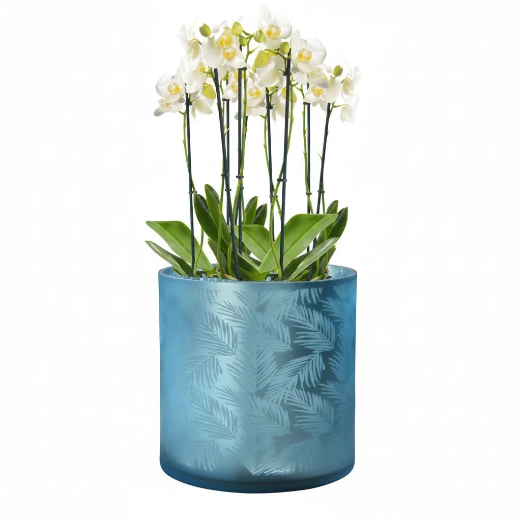 Windlicht Vase blau silber aus Glas mit Blattmuster 24,5cm