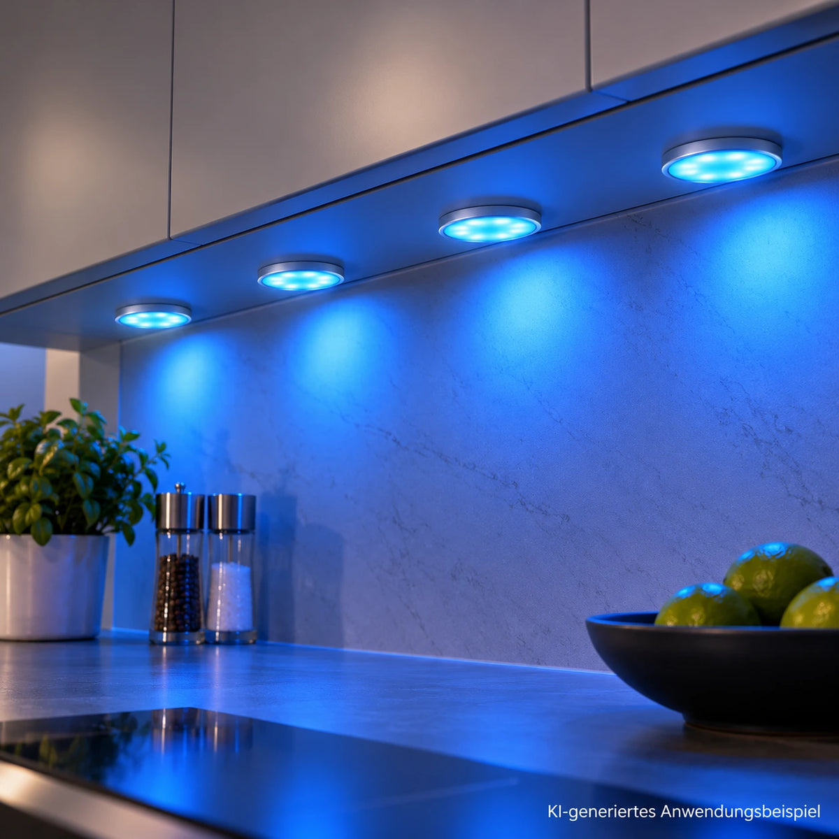Vier blau leuchtende LED Unterbauspots unter modernen Küchenschränken als dekorative Akzentbeleuchtung – KI-generiertes Anwendungsbeispiel
