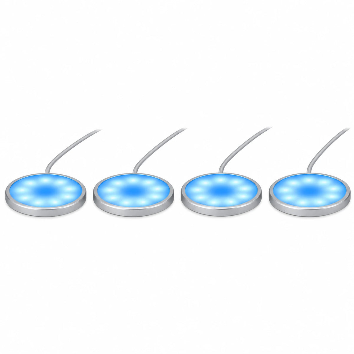 4er-Set blaue LED Unterbauleuchten mit flachen silberfarbenen Möbelspots und abgerundeten Rändern