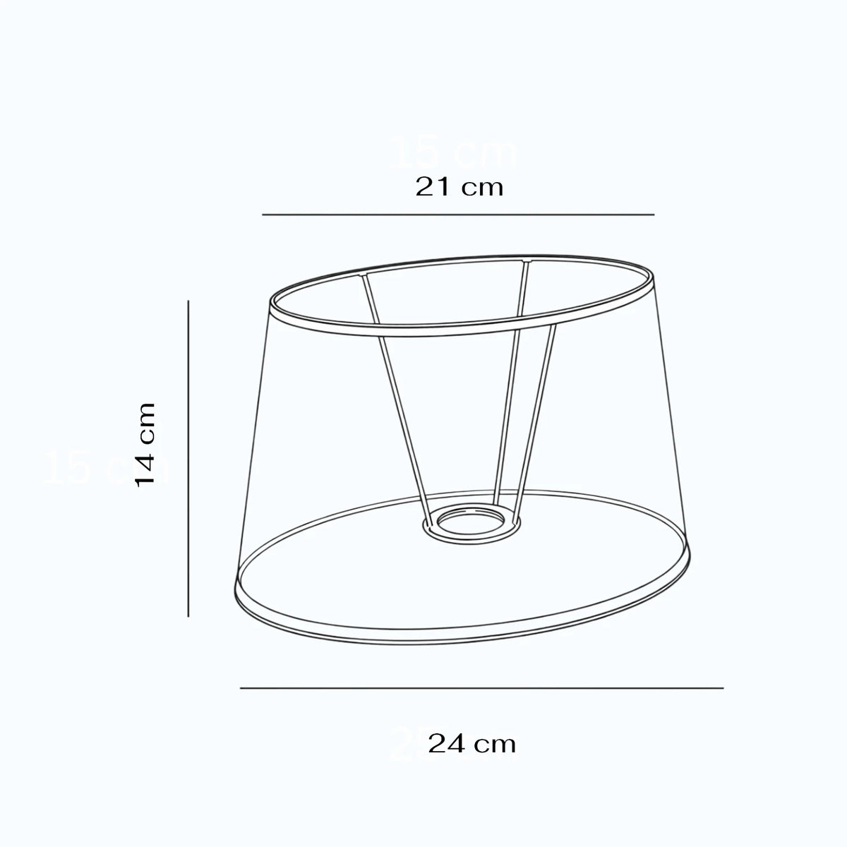 Maßskizze des ovalen Lampenschirms 3625950 mit 21 cm oben, 24 cm unten und 14 cm Höhe