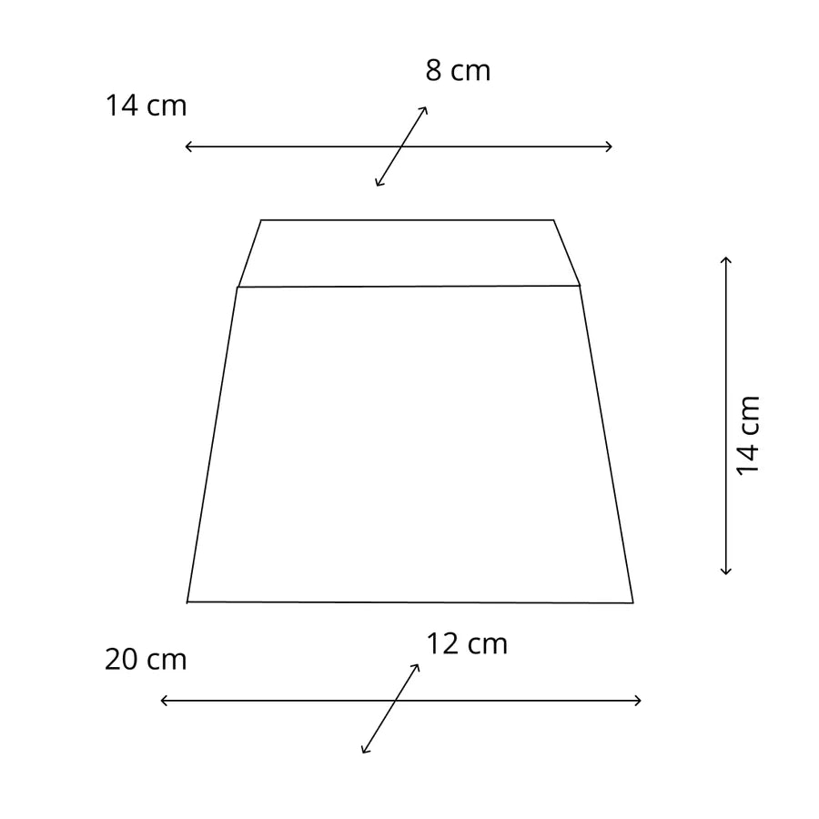 Maßskizze des rechteckigen Lampenschirms 4820-207 mit 14 x 8 cm oben, 20 x 12 cm unten und 14 cm Höhe 