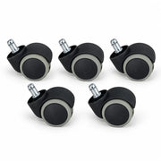 5er-Set bodenschonende Hartbodenrollen für Bürostühle mit schwarzen Gehäusen und grauen 50-mm-Laufflächen.