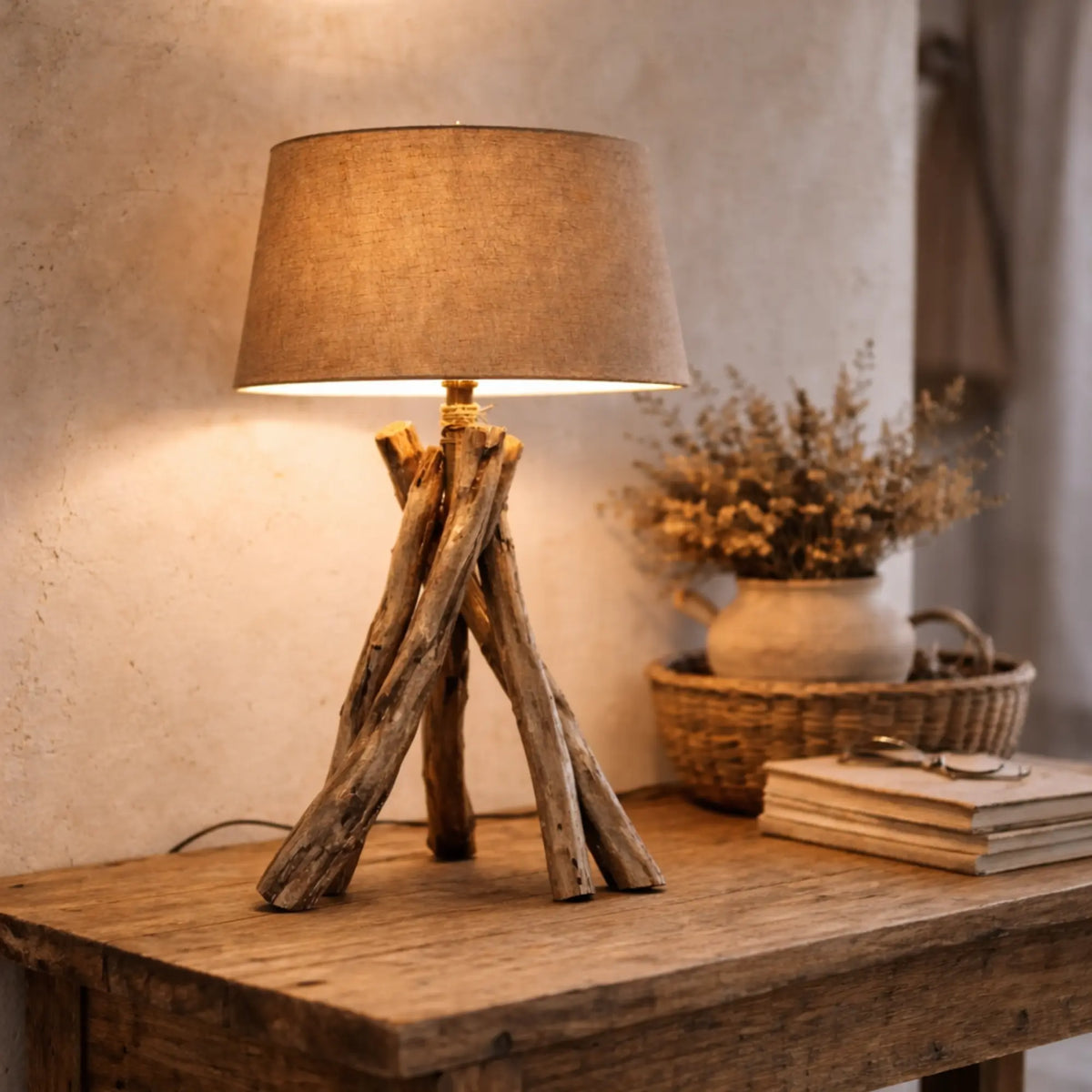     Leuchtender Lampenschirm 5825-648 auf Tischleuchte mit naturbelassenem Holzfuß, warmes Licht neben Büchern und Trockenblumen. 