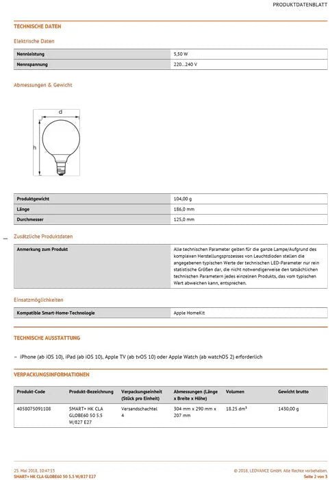 Osram Smart+ Filament Globe E27 5.5W dimmbar für Apple